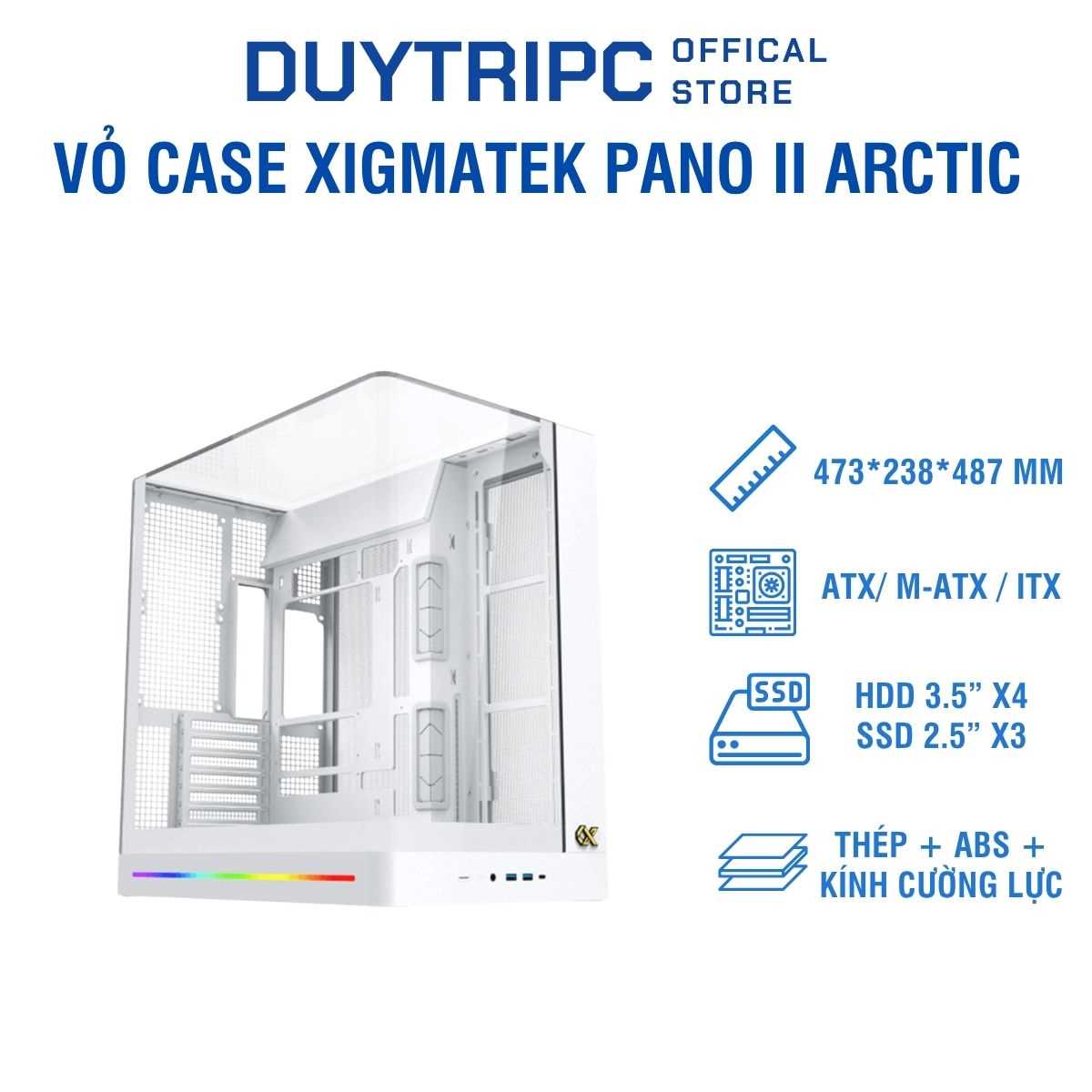 Vỏ Case Xigmatek Pano II Arctic – Case Gaming White Build Kính Cong Panorama Cao Cấp, Hỗ Trợ Tản Nước 360